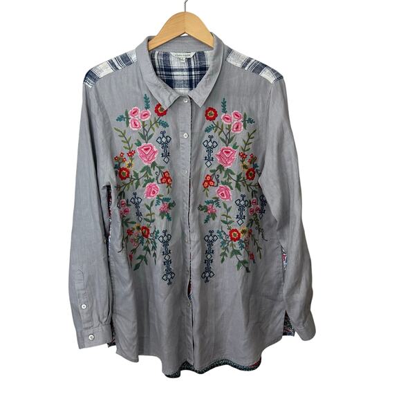 John Mark Embroidered Linen Shirt Floral Plaid Mixed Media Womens Large Boho Top - Picture 1 of 8
